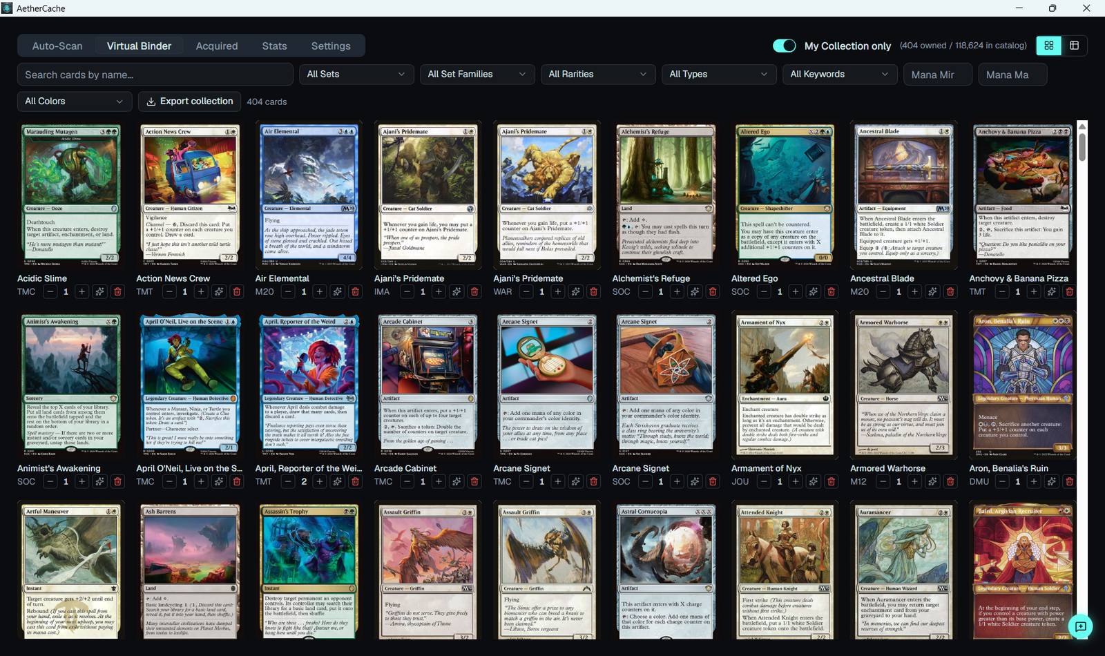 Beta screenshot of AetherCache's Virtual Binder gallery view, showing a filtered grid of owned Magic: The Gathering cards with search, set, and rarity controls above it — the app is in active beta, so this view is subject to change
